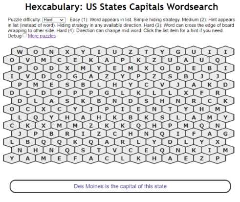 Thumbnail screen grab of US States Capitals Wordsearch six-sided puzzle